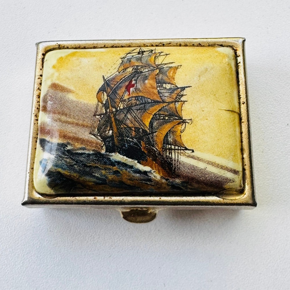 Antique Nautical Sailing Ship Pill Box Red Cross Metal Trinket Case Paris France
